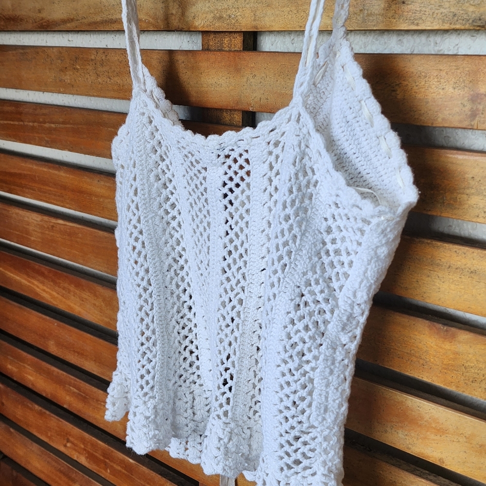 Y2K boho top loose knit lace-up white singlet size 10 - Picture 10 of 10